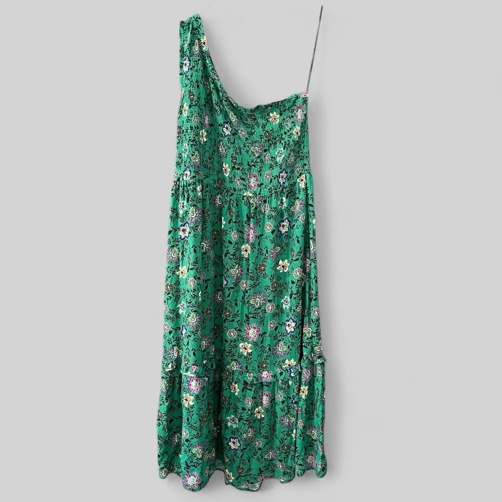 KNOX ROSE Womens Smocked Floral Maxi Dress Size XXL Green Tiered One Shoulder - Picture 2 of 11